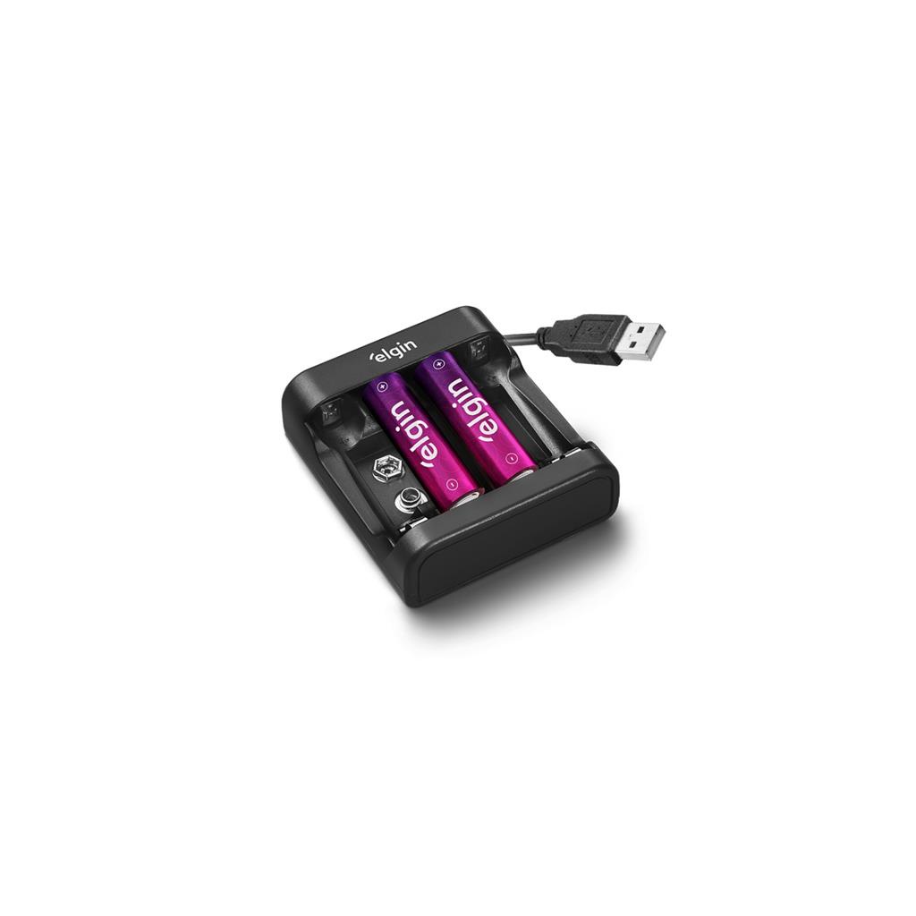 Carregador De Pilhas USB Com 2 Pilhas AA 1500mAh Elgin