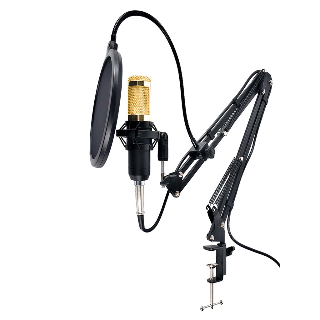 Kit Microfone Profissional Completo Dourado com Pop Filter Aranha Braço Articulado