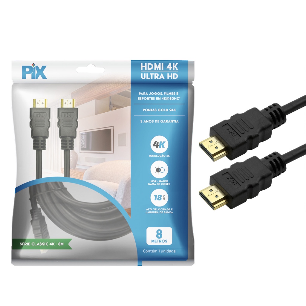 Cabo Hdmi 8 Metros 4k 60hz/2160p 3d Ultrahd Alta Resolução