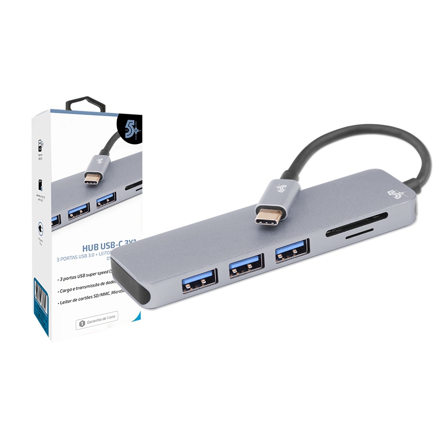 Hub Usb Tipo C 5x1 P/ 3 Usb 3.0 + Leitor Sd/tf Original 5+