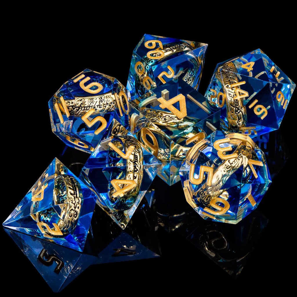 Kit 7 Dados RPG Senhor Dos Anéis Azul com Números Dourados Luxo D&D O Um Anel Frodo Gollum LOTR Tolkien
