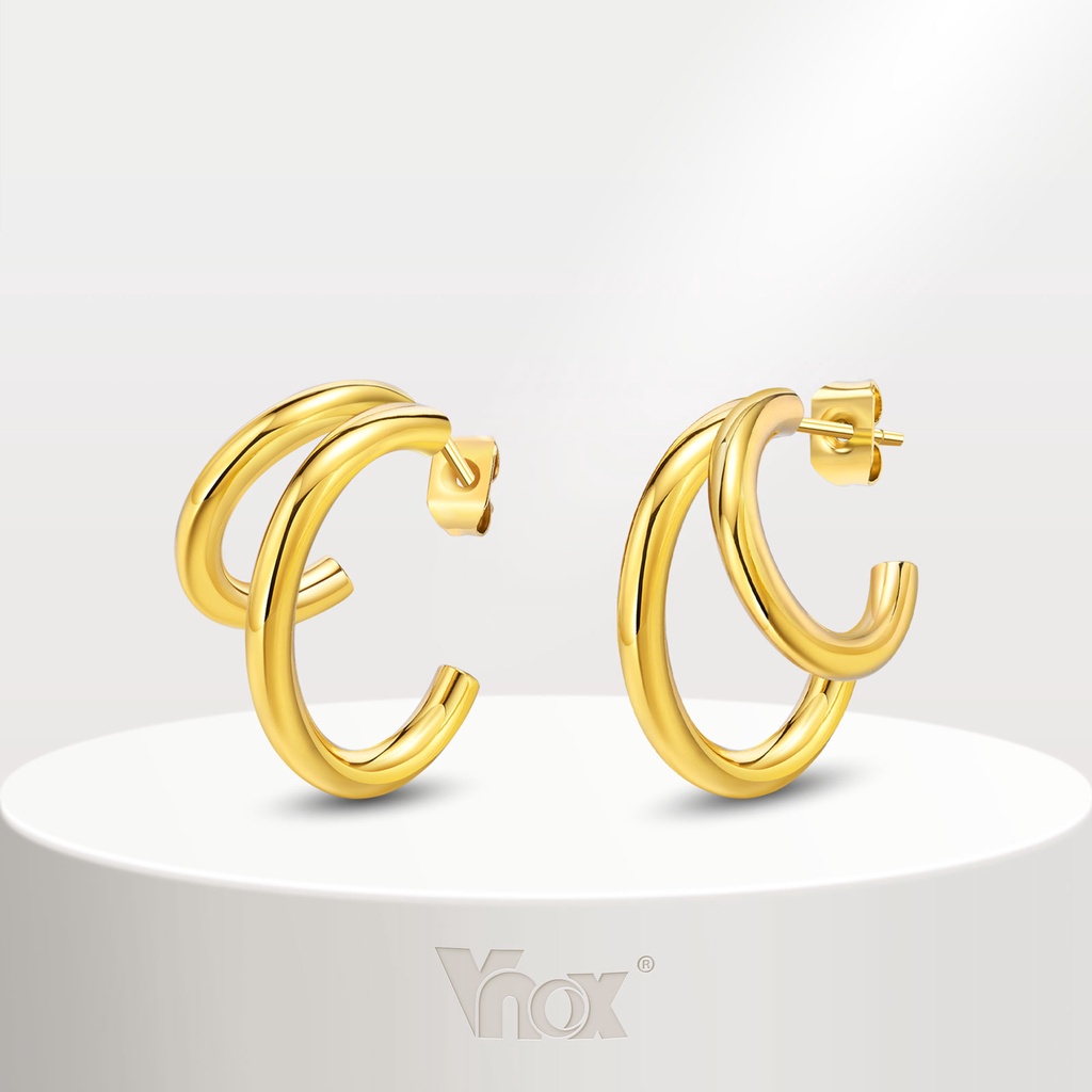 Brincos Em Forma De C De Tubo Duplo Vnox Para Mulheres , 18KG Ouro Aço Inoxidável Hipoalergênico Fashion Stud Earring