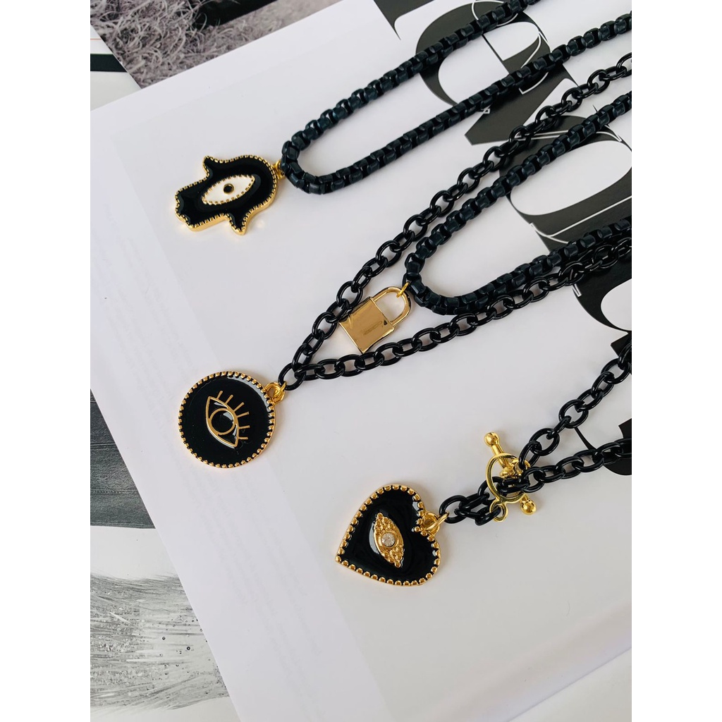 Colares chocker corrente preta colares místicos Olho grego folheado a Ouro