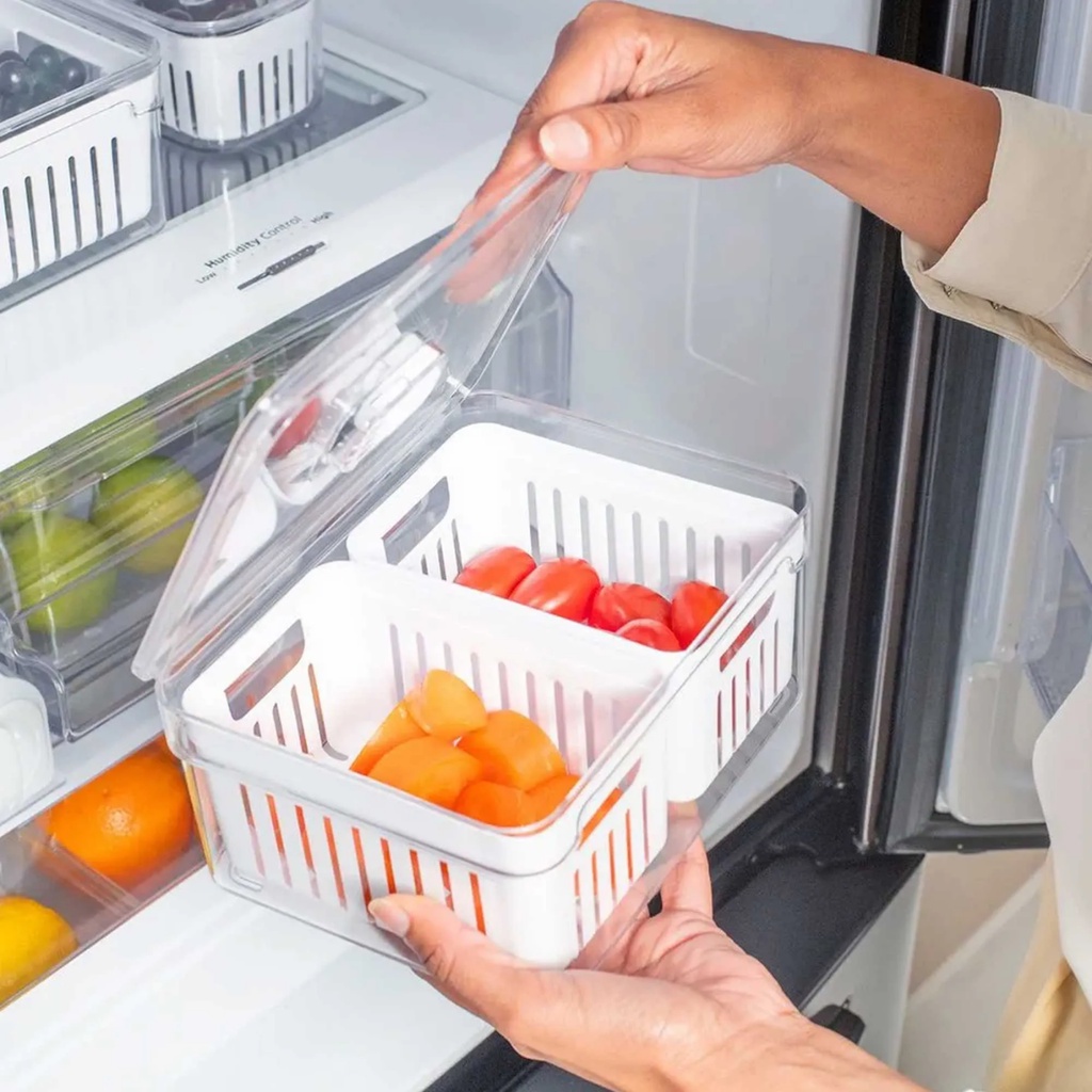 Organizador De Geladeira 2,2L Com Tampa e Cesto Duplo Escorredor Legumes Frutas Verduras Acrílico - Home & Living