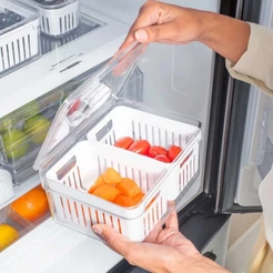 Organizador De Geladeira 2,2L Com Tampa e Cesto Duplo Escorredor Legumes Frutas Verduras Acrílico