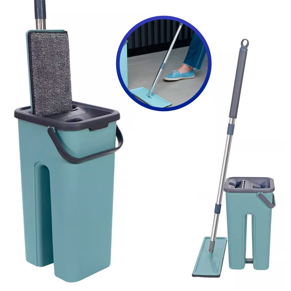 Flat Mop Rodo Magico 2 Refil Tira Sujeira Esfregão Vassoura Com Balde Lava Seca