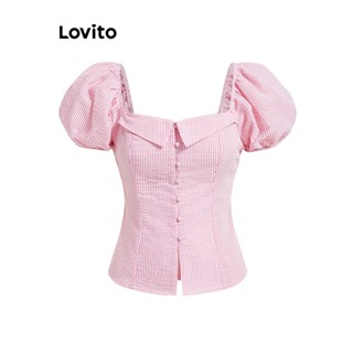Lovito Blusa com Botões Listrados para Mulheres L61AD027 (Rosa)