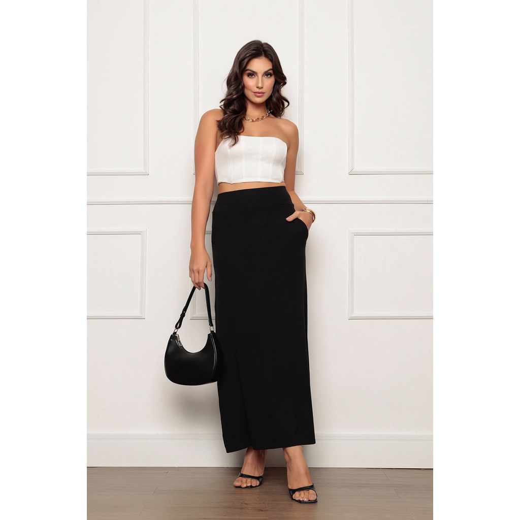 Saia Longa Feminina Viscolycra com Bolsos Cintura Alta Moda Casual Plus Size G1 ao G3