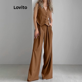 Lovito Casual Conjunto Feminino de Calça Listrada com Botão Frontal LNL37099 (Cáqui/Marrom/Preta)