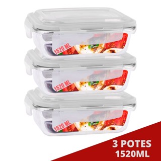 Kit 3 Pote Tampa Hermetica Retangular Vidro 1520ml Multiuso