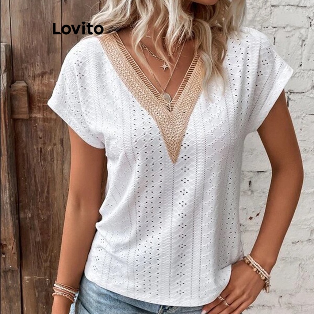Lovito Camiseta Elegante Com Recorte Em Patchwork Para Mulheres LNE31085 (Branco/Rosa/Preto)