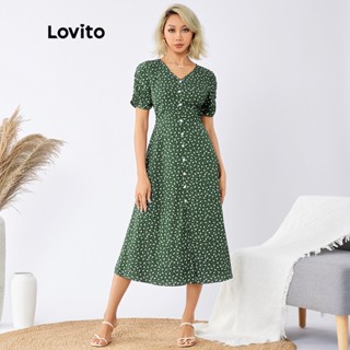 Lovito Vestido Boho Ditsy Floral com Botões Frontal L22ED085 (Verde)