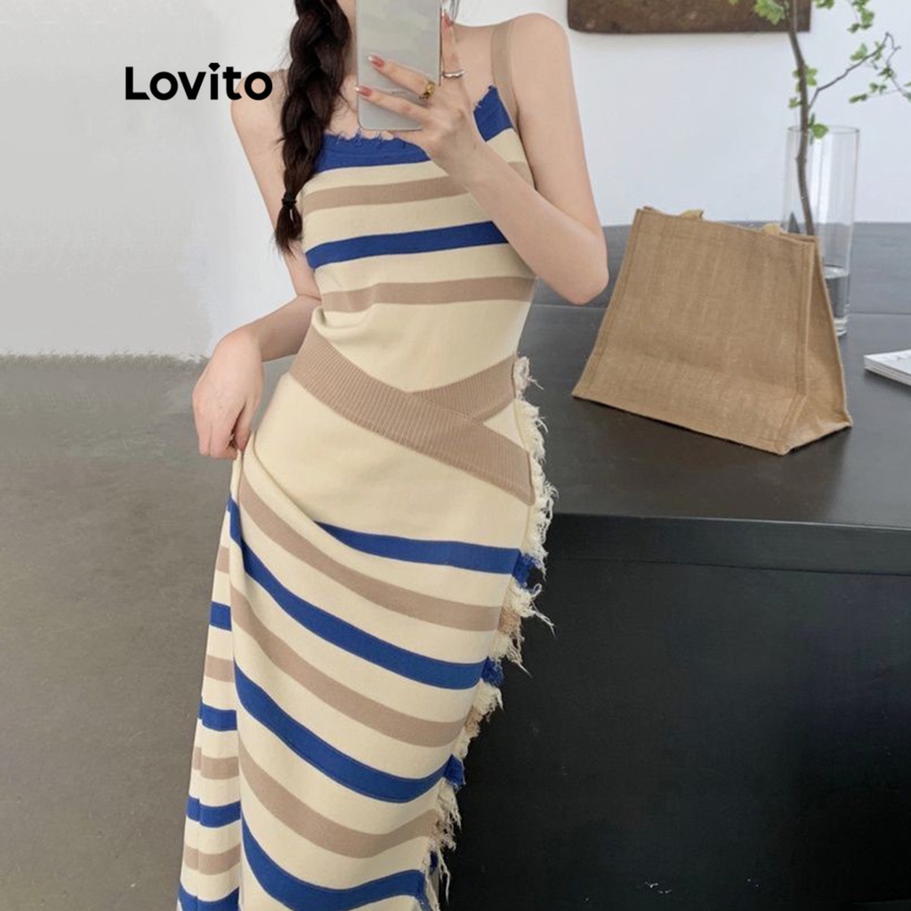 Lovito Casual Vestido Feminino Listrado Justo com Bainha Crua e Fenda LNE02058 (Multicor)