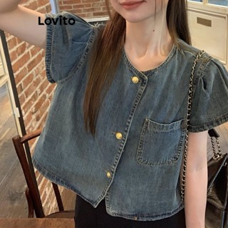 Lovito Top Jeans Casual Lisa com Botões para Mulheres LNA21050 (Azul)