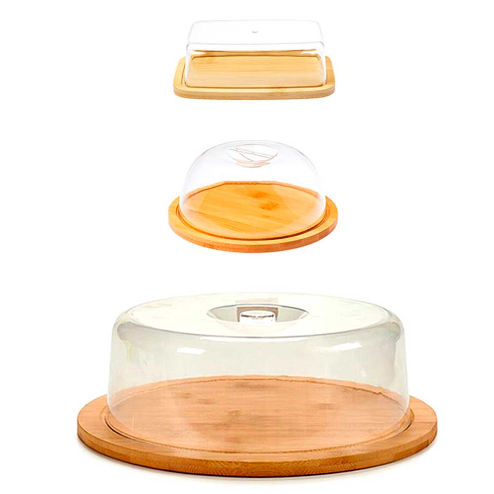 Jogo Porta Queijo Manteiga Bolo Bambu Cozinha Geladeira Mesa Café Pães Frios Frutas Doces Manteigueira Boleira Queijeira