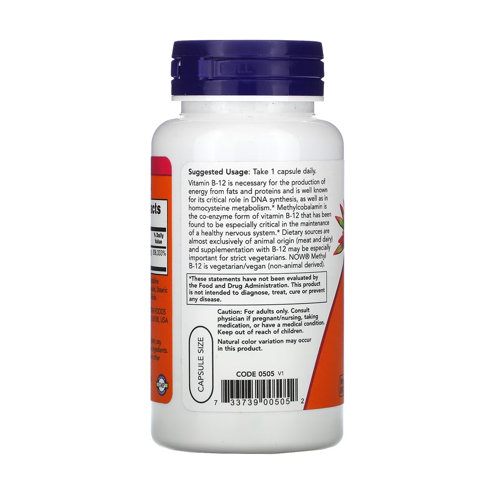 Detalhes do Metil B-12 5.000mcg Now Foods Methyl 90 Veg Cáps Importado