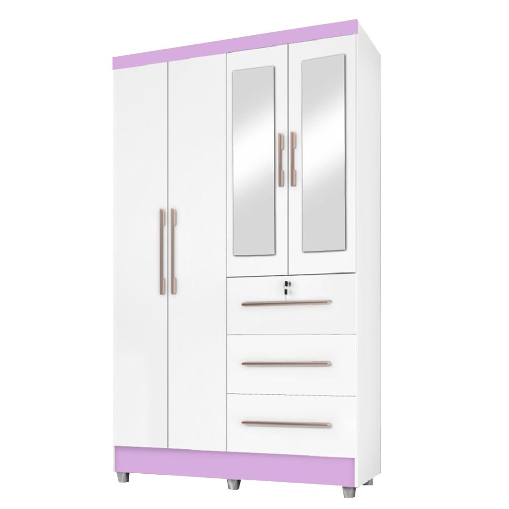 Guarda Roupas Solteiro Com Espelho 4 Portas 3 Gavetas com pés Tokio Branco / Branco Lilás Flex - Home & Living