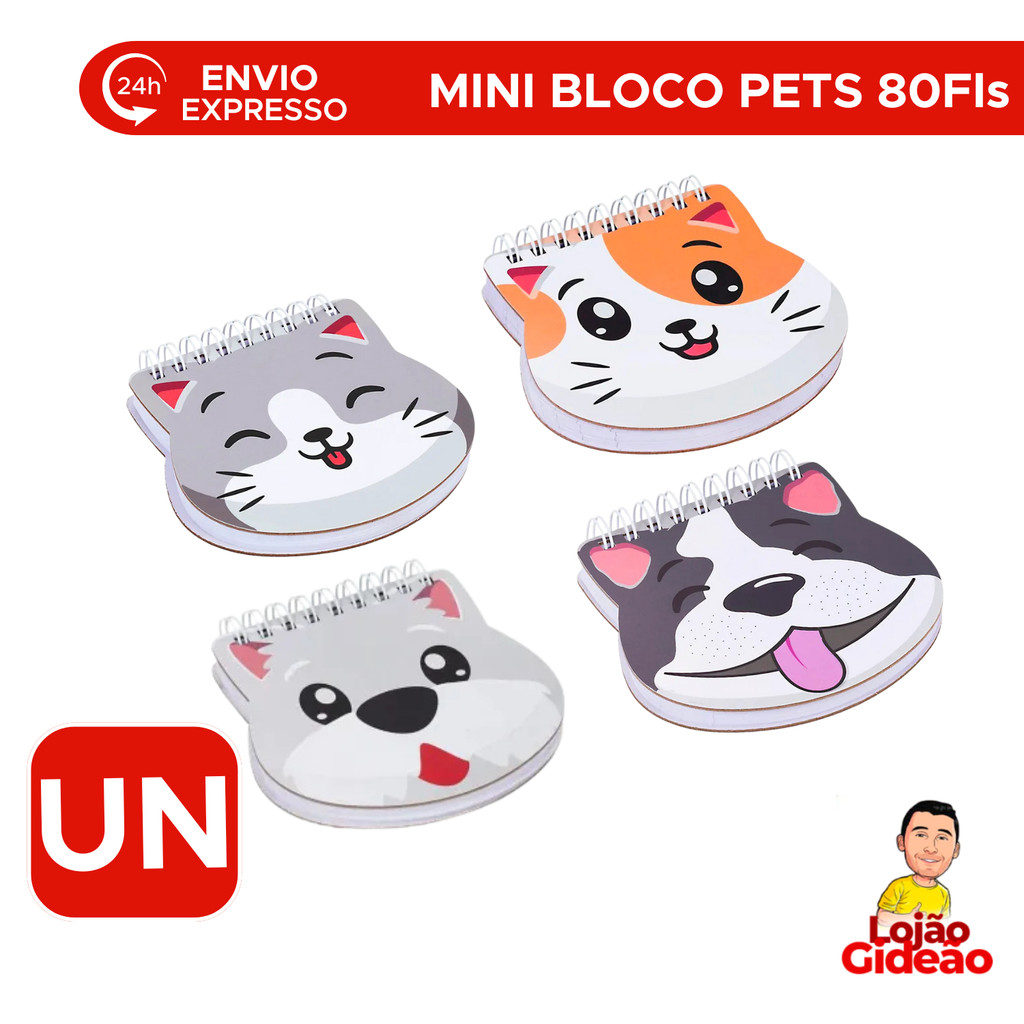 Mini Bloco de Anotações Pets Capa Dura 80 Folhas Bloco De Gatinho De Cachorro Papelaria Fofa