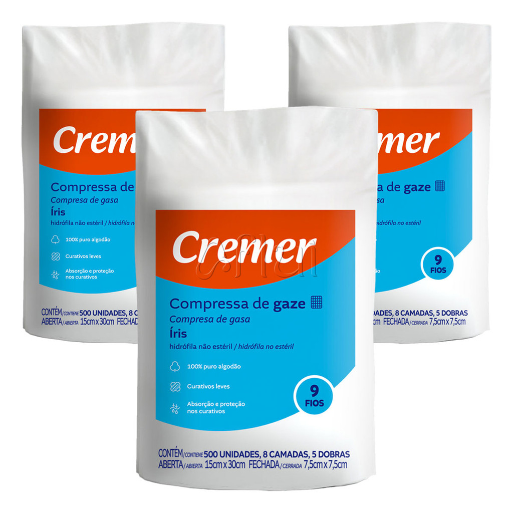 Compressa de Gaze 9 Fios Com 1500 Gazes Cremer Íris Curativo