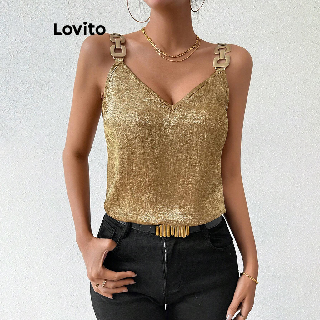 Lovito Regata Elegante Com Corrente Lisa E Glitter Para Mulheres LBL14189 - Women Clothes