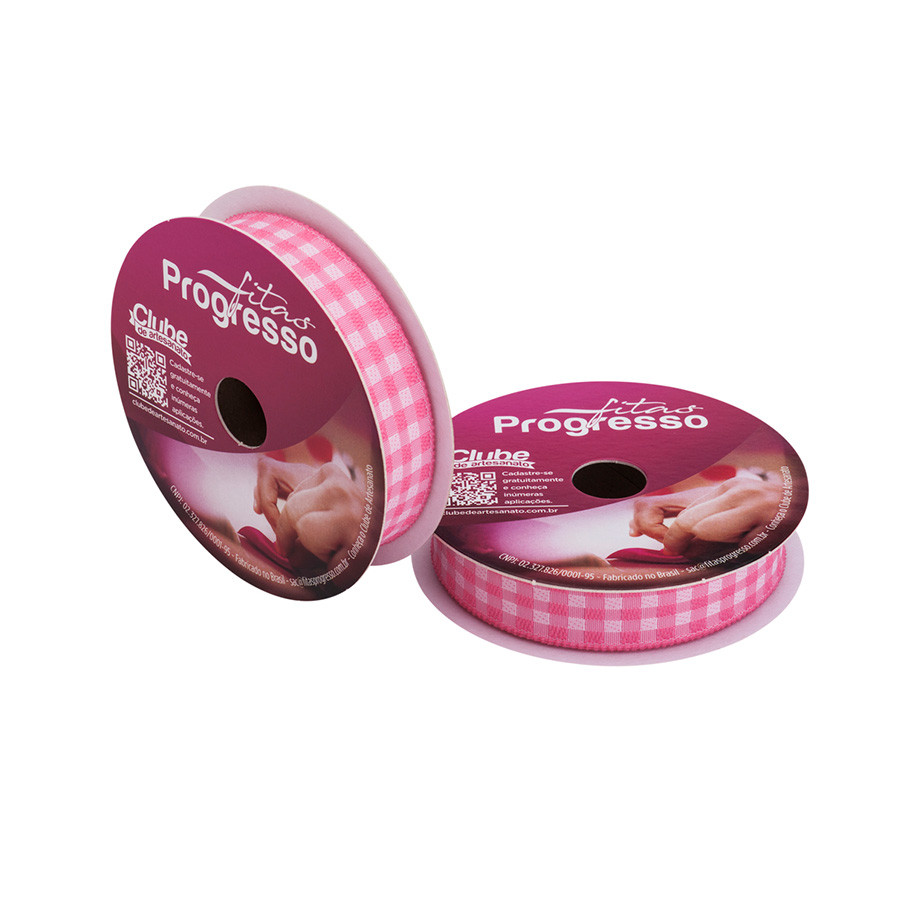 Fita de Cetim 10m x 15mm - Cor 240 - Xadrez Rosa Escuro - Rolo 10 metros - 1 unidade - Progresso - Rizzo