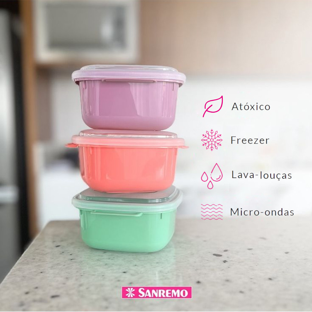 Jogo Pote Plástico 1300ml Quadrado Vac Freezer Kit 3 Sanremo