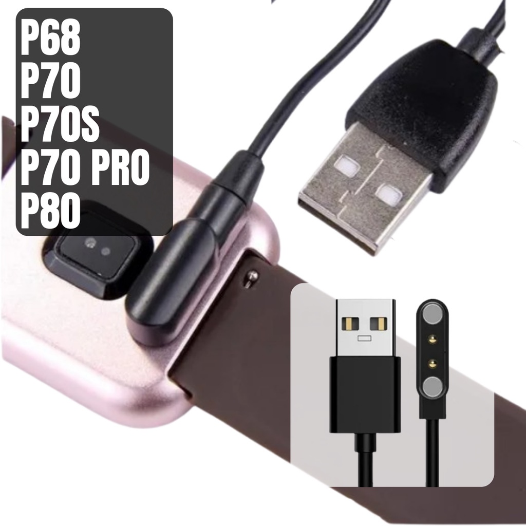 Cabo USB Conector 2 Pinos Para P68 P70 Pro P70s P80 SmartWatch Carregador Magnético