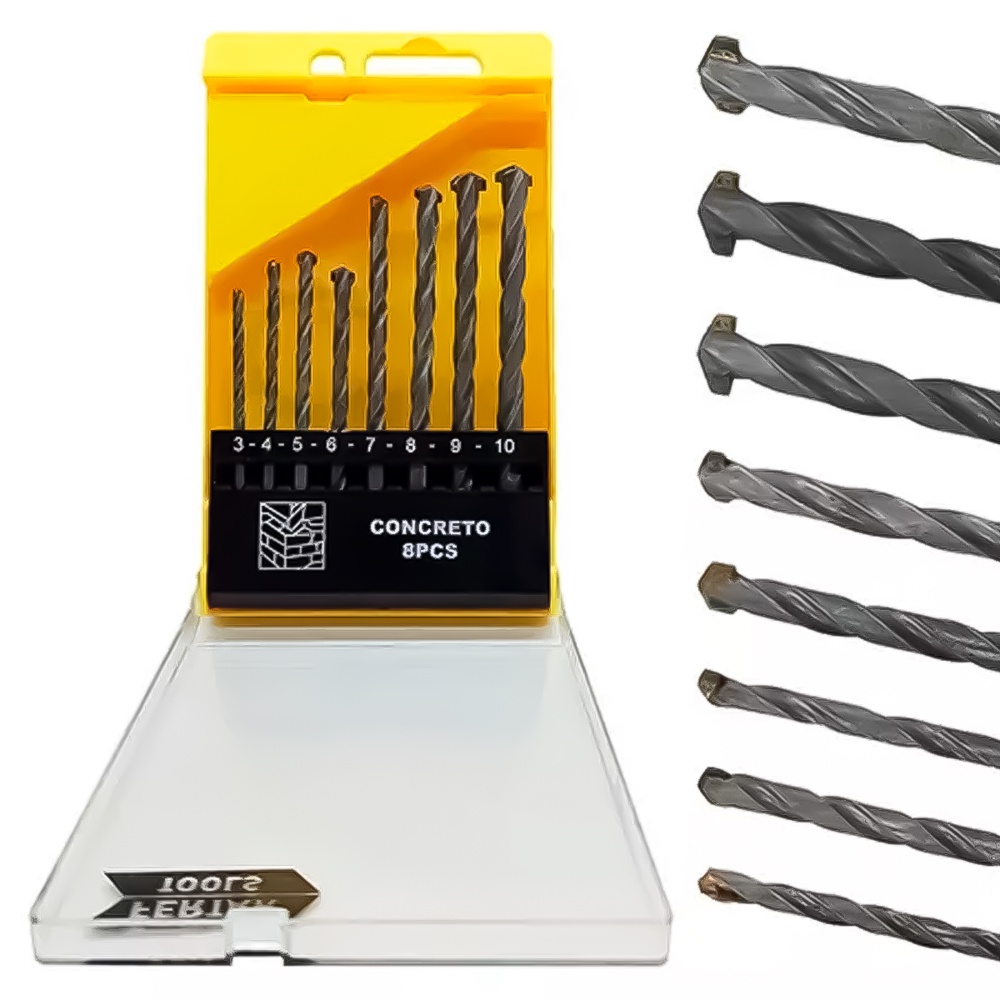 Kit Jogo De Brocas Para Concreto Com 8 Peças Parede Muro Blocos Com Estojo Ponta Diamantada