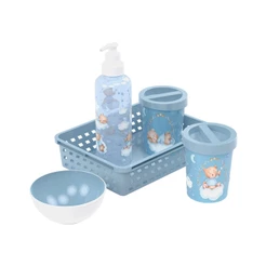 Kit Higiene Urso Azul 5 Peças Organizador Porta Cotonete Algodão Bowl Bebê Plasútil