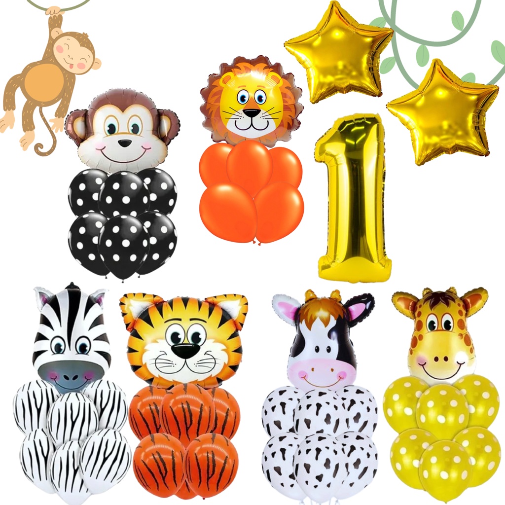 Balão Safari Animal Metalizado Grande 55cm Estrela Dourada Metalizada 45cm Numero Metalizado 40cm Balão Látex 9” Kit 39p