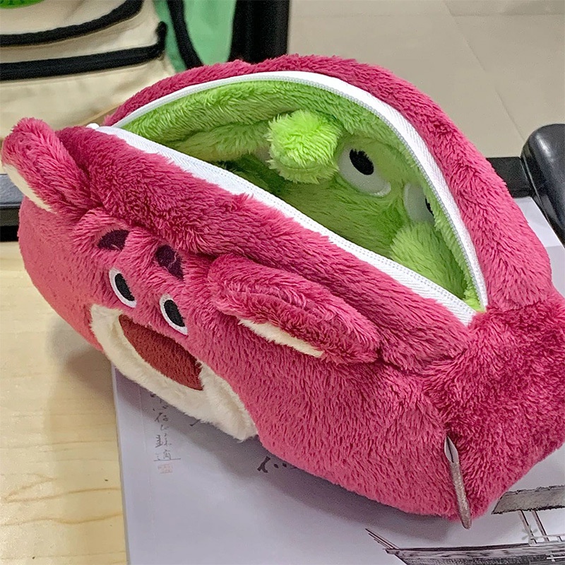Saco de caneta de pelúcia dupla face de três olhos morango urso dos desenhos animados saco de papelaria de estudante bonito de grande capacidade caixa de lápis Saco de armazenamento de papelaria