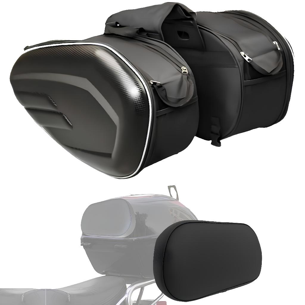 Alforge Moto 58l Original + alça ombro + presilhas + pvc interno + capas de chuva + encosto para baú