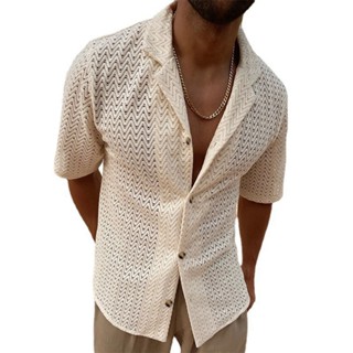 Camisas masculinas de malha casual, camisas ocas, manga curta emagrecedora, cardigans de malha com lapela, roupas vintage, verão, LWC9