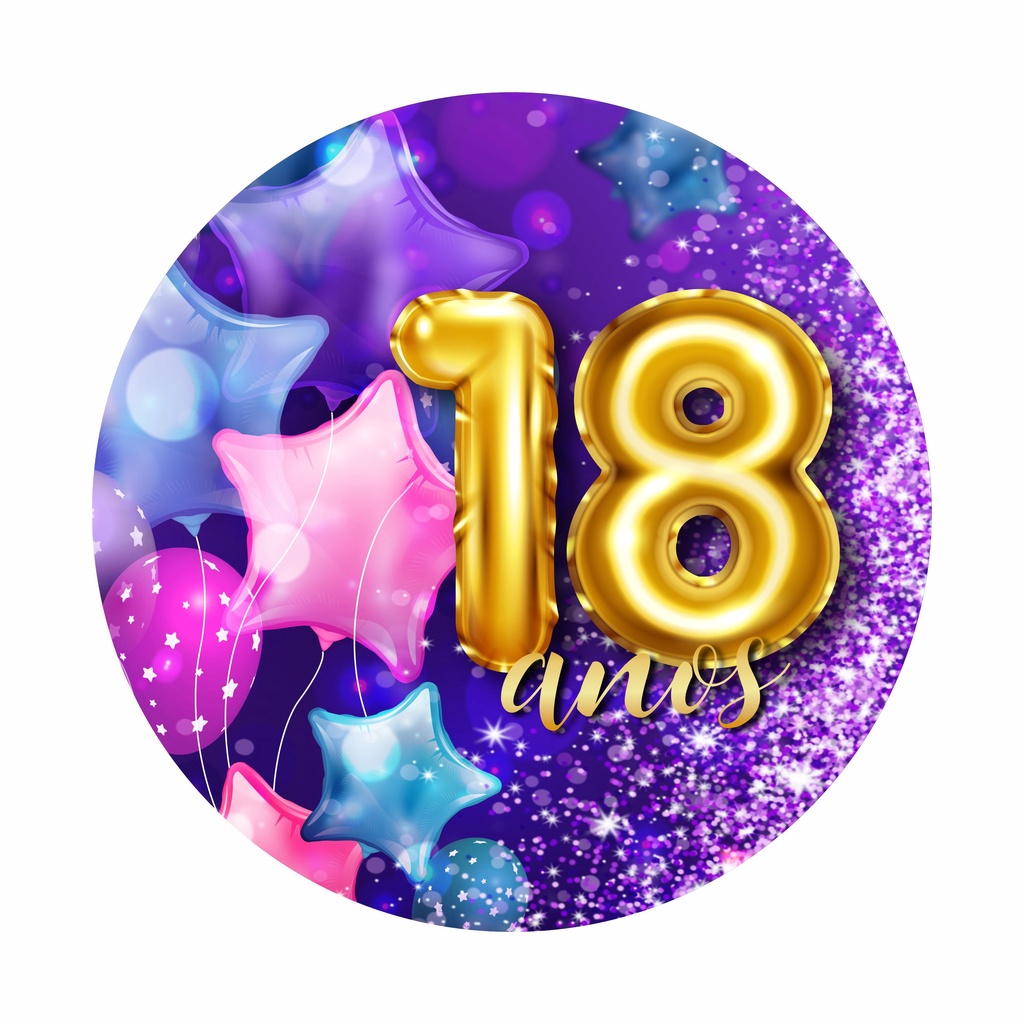 Painel de Tecido Sublimado Redondo 18 Anos Dourado Balões Estrelas Glitter Roxo 1,5x1,5m