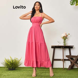 Lovito Casual Vestido Feminino Liso Bata com Recorte e Bainha de Babados LBL05195 (Rosa Choque)