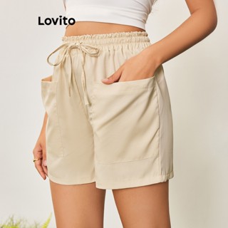 Lovito Casual Shorts Feminino Liso Solto de Amarrar com Bolso LBL05207 (Cáqui)