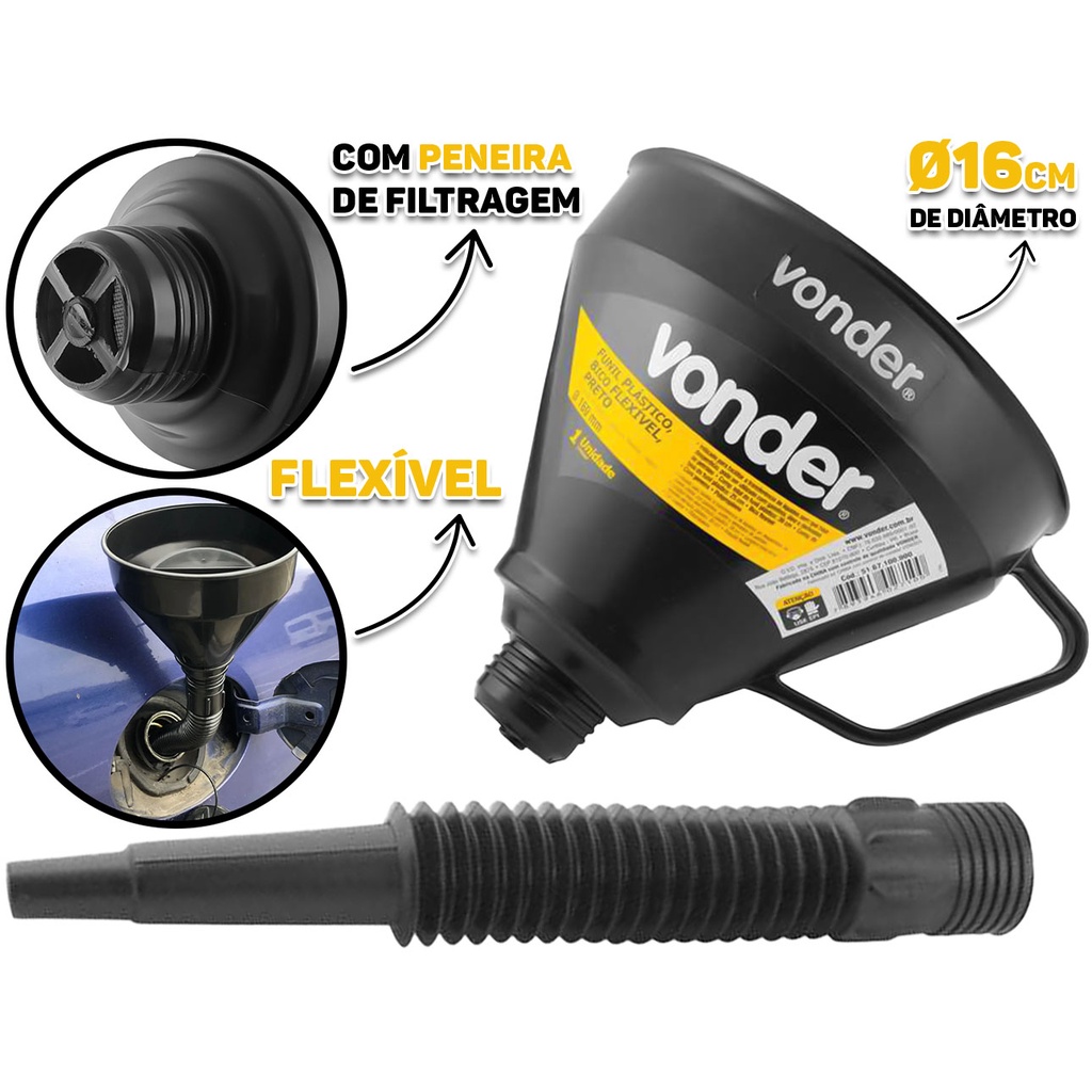 Funil Plástico Preto Bico Sanfonado Flexível C/ Peneira E Alça Uso Geral 160mm - Spare Parts and Accessories for Vehicles