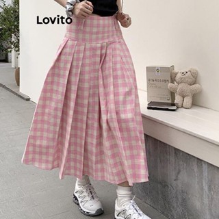 Lovito Casual Saias Xadrez com Pregas para Mulheres LNA21101 (Rosa)