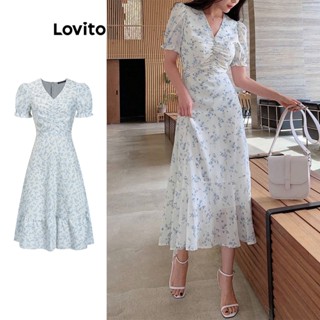 Lovito Boho Vestido Feminino Floral Franzido com Bainha de Babados L71ED181 (Branco)