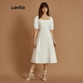Lovito Elegant Vestido Liso Manga Bufante de Baile com Fenda A line Feminino L32UD029 (Branco)