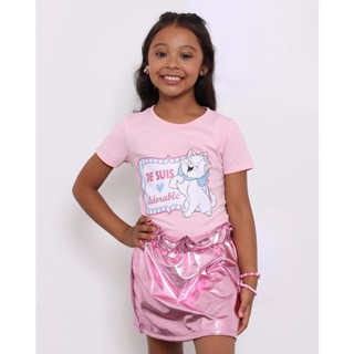 Camiseta Infantil Menina Disney Marie Com Estampa Frontal Manga Curta Gola Redonda Rosa Claro
