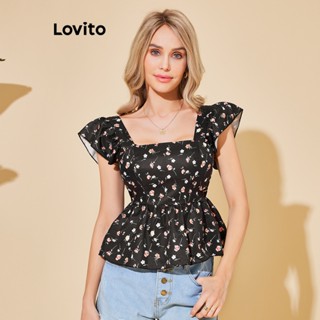 Lovito Blusa de Babados Boho Floral com Babados e Amarração para Mulheres LBL06038 (Preto)