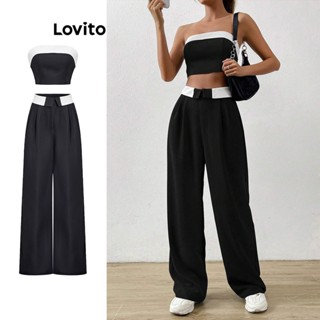 Lovito Casual Conjunto de Calça Básica com Bloco de Cores para Mulheres L74ED072 (Topo/Conjunto/Calças)