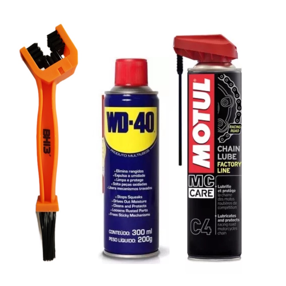 KIT LIMPEZA CORRENTE WD-40 + MOTUL MC CARE C4 + ESCOVA