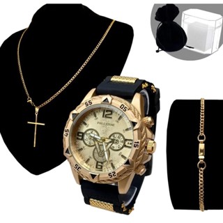Kit Relogio Masculino Banhado a Ouro Original + Pingente + Colar com Cruz + Pulseira