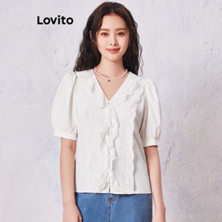 Lovito Blusa com Estampa de Malha de Renda e Detalhes de Contraste para Mulheres LNE19150 (Branco)