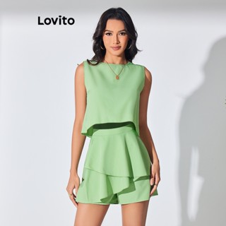 Lovito Conjuntos De Shorts Femininos Boho Lisos Assimétricos Com Babados E Bainha LBL07147