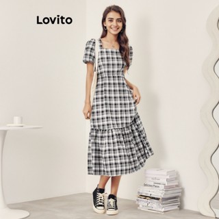 Lovito Casual Vestido Feminino Xadrez Evasê Midi de Manga Curta com Babado e Estampa L53AD048 (Preto e Branco)