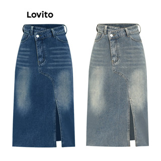 Lovito Casual Saia Jeans Feminina Lisa Assimétrica Lavada com Bolso L68ED117 (Multicolorido)