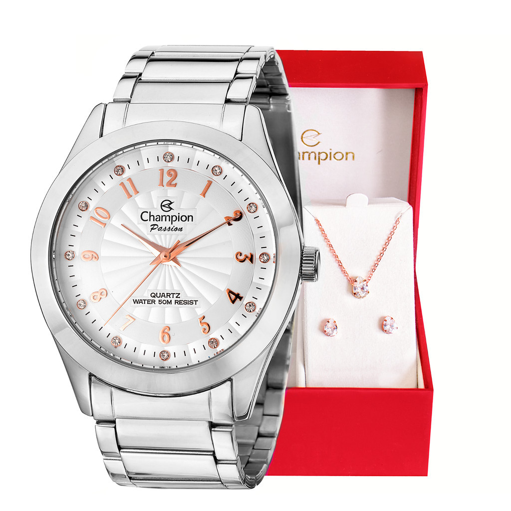 Relógio Champion Feminino Analógico Prata + Kit Colar Brincos Original A Prova D’Água Luxo...